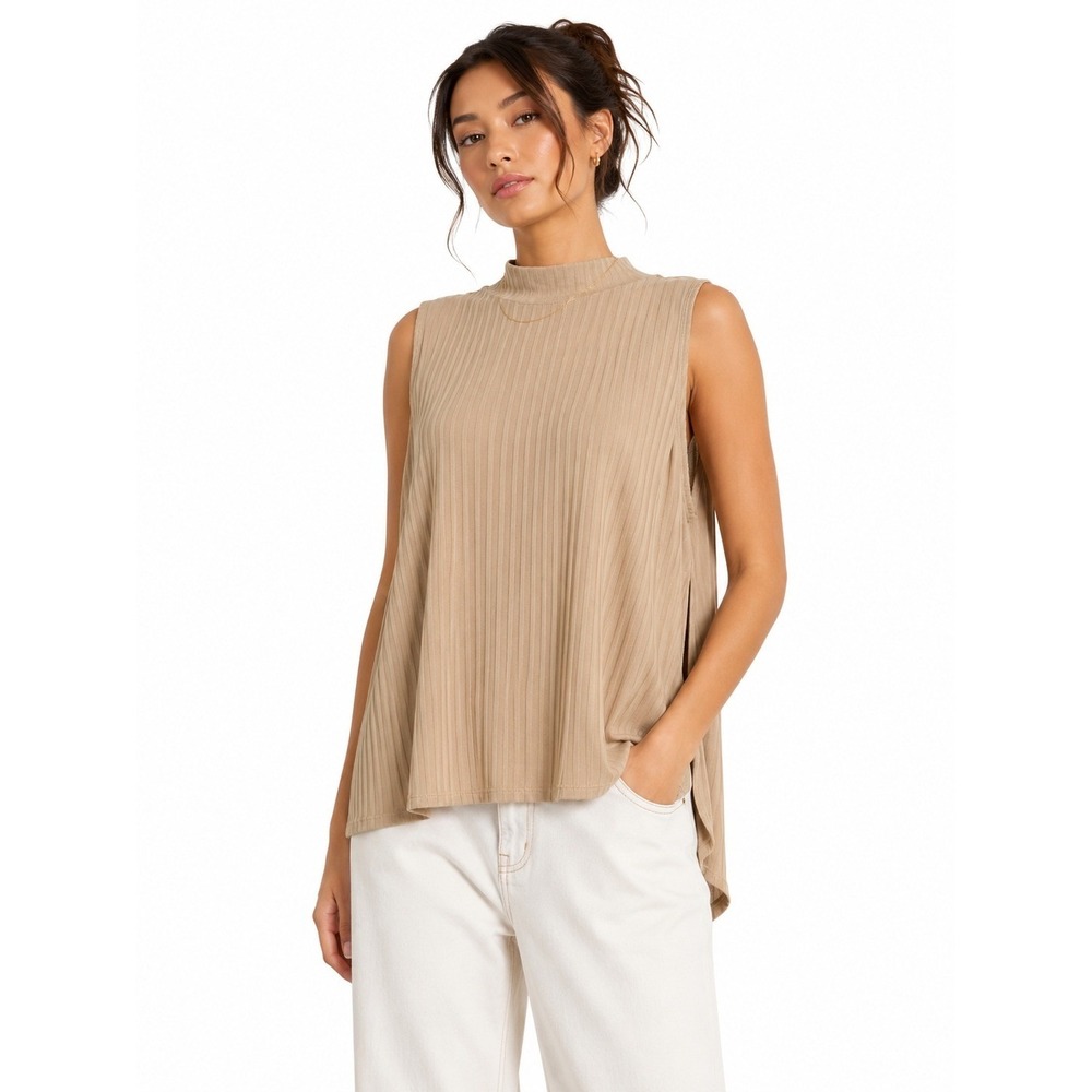 Grace & Lace Tan Ribbed Sleeveless Mock Neck High Low Tunic Top | Large